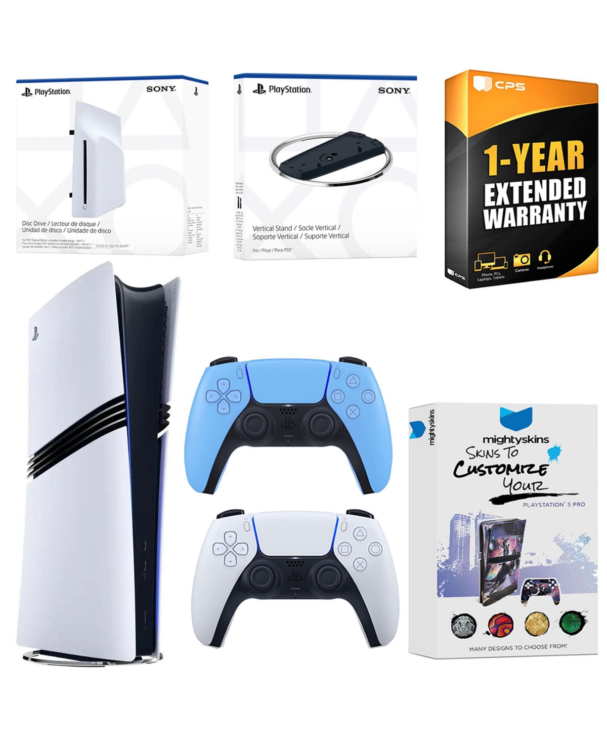 Sony PlayStation 5 Pro Digital Bundle with Disc Drive, Extra Controller, Vertical Stand, MightySkins Voucher and 1 Year Extended Warranty - Starlight 