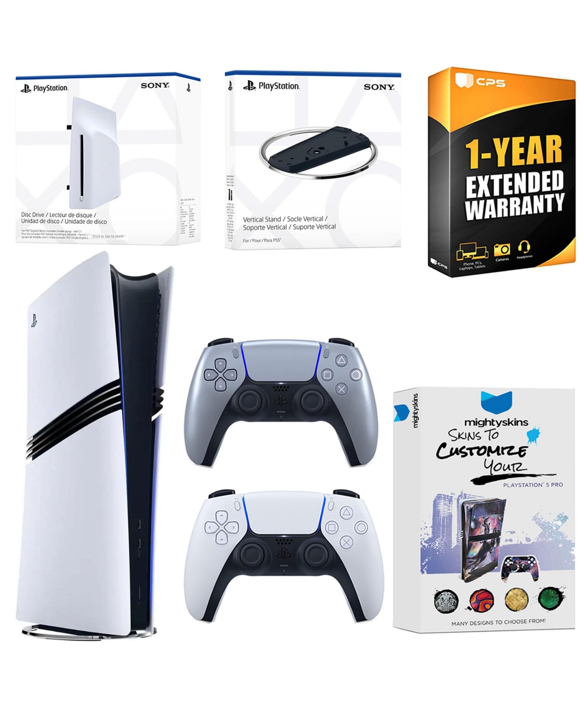 Sony PlayStation 5 Pro Digital Bundle with Disc Drive, Extra Controller, Vertical Stand, MightySkins Voucher and 1 Year Extended Warranty - Sterling s