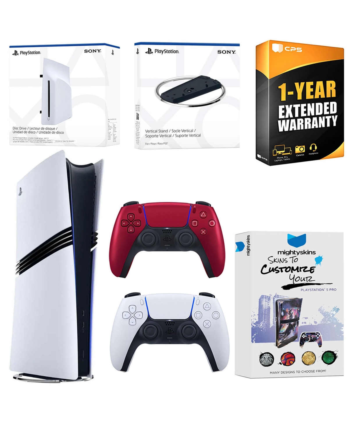 Sony PlayStation 5 Pro Digital Bundle with Disc Drive, Extra Controller, Vertical Stand, MightySkins Voucher and 1 Year Extended Warranty - Volcanic r