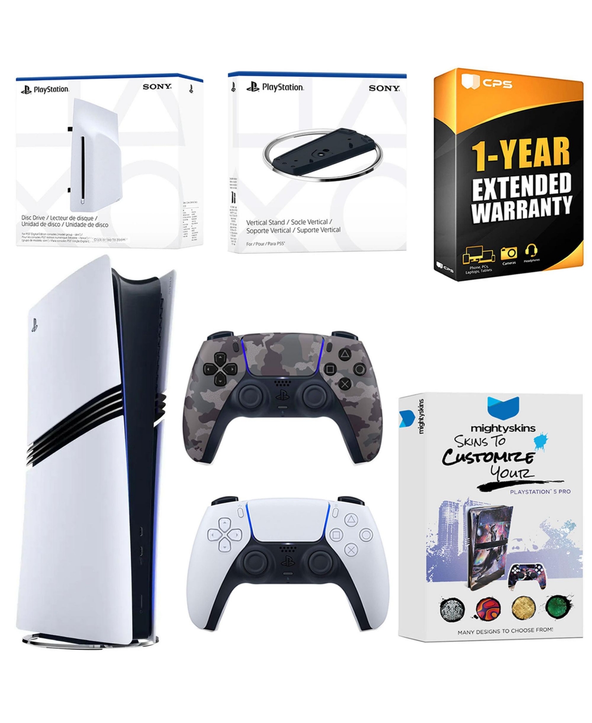 Sony PlayStation 5 Pro Digital Bundle with Disc Drive, Extra Controller, Vertical Stand, MightySkins Voucher and 1 Year Extended Warranty - Gray camo