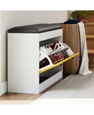 31.5" Shoe Storage Bench, Modern Entryway Shoe Cabinets with Flip Drawer & PU Cushion, White Shoe Organizer Cabinet