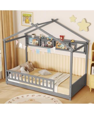 Twin Size House Bed w/Storage Shelf Headboard & Guardrail Wooden Slat Support