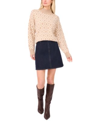 Women's Turtleneck Geometric-Print Long-Sleeve Sweater