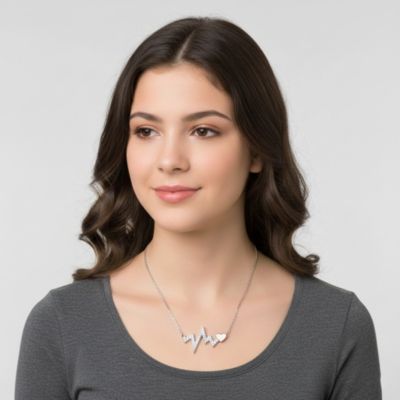 White Gold Plated with Clear Cubic Zirconia Heartbeat Bar Necklace