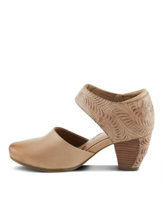Women's Toolie Hand-Painted Leather D'Orsay Mary Jane Heels, Hook-and-Loop Strap, Padded Collar, and Tooled Stacked Heel