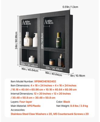 Double Recessed Shower Niche Wall Shelf for Bathroom Storage and Organization