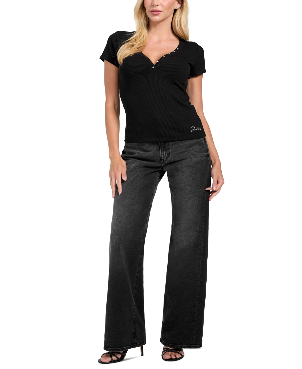 Guess Women's Henley Neck Short Sleeve Top In Black
