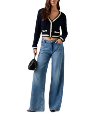 Juniors' Long-Sleeve Aomori Tape Yarn Detail V-Neck Cardigan Sweater