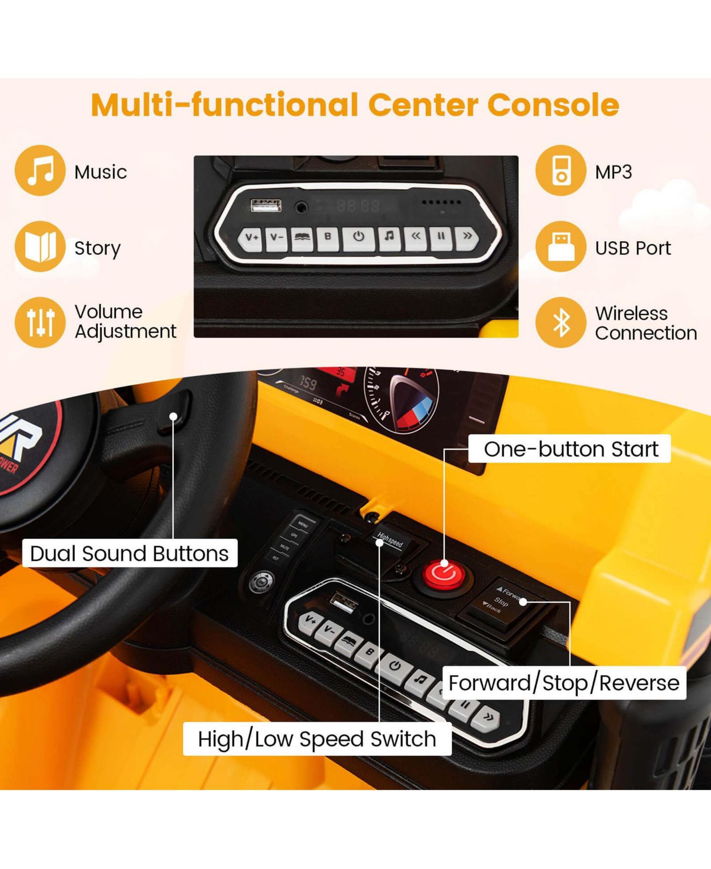 Детская игрушка Costway Ride-On Dump Truck with Remote Control and LED Lights, от 3 лет, цвет: Жёлтый — фото 9