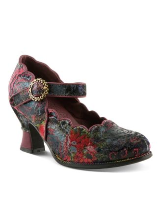 Women's Adodora-Prit Baroque Mary Janes with Velvet and Leather Upper, Scalloped Edges, Antique Buckle, Cushioned Insole, and Sculpted Heel