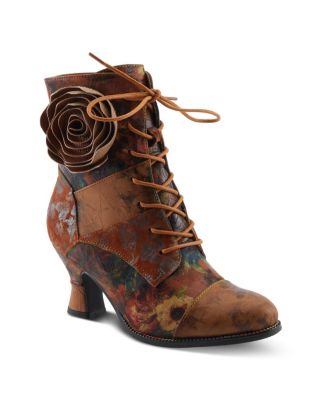 L Artiste Women s ROSELIA-FLOW Baroque Floral Lace-Up Boots with 3D Rose Applique and Sculpted Heel