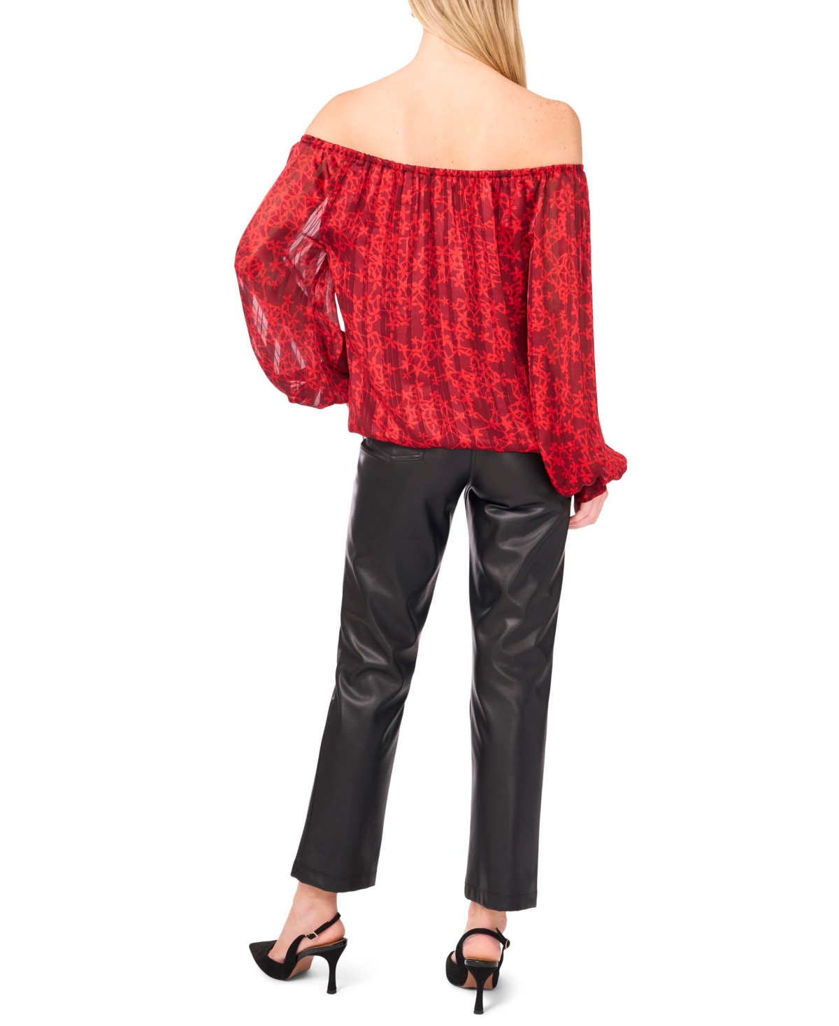 Vince Camuto Floral Metallic Stripe Off The Shoulder Top In Red