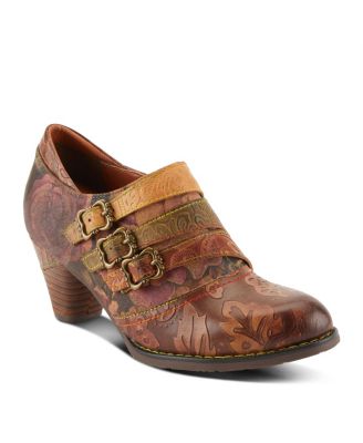L Artiste Women s Graphic Handpainted Floral Leather Shooties with Antique Buckle and Stacked Heel