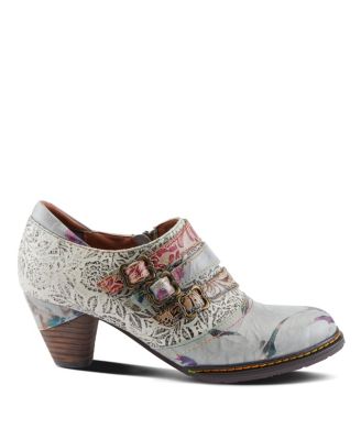 L Artiste Women s Graphic Handpainted Floral Leather Shooties with Antique Buckle and Stacked Heel