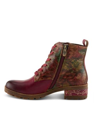 L’Artiste Women’s MARTINELA Floral Appliqu&eacute; Leather Boot with Rainbow Stitching and Lace-Up Detail