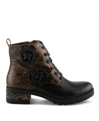 L’Artiste Women’s MARTINELA Floral Appliqu&eacute; Leather Boot with Rainbow Stitching and Lace-Up Detail