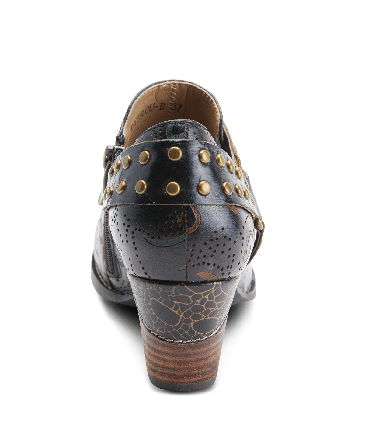 L'Artiste Women's Kacielou Western Shooties with Hand-Painted Leather, Studded Ankle Strap, Elastic Goring, and Cone Heel – Burnished Embossed Booties