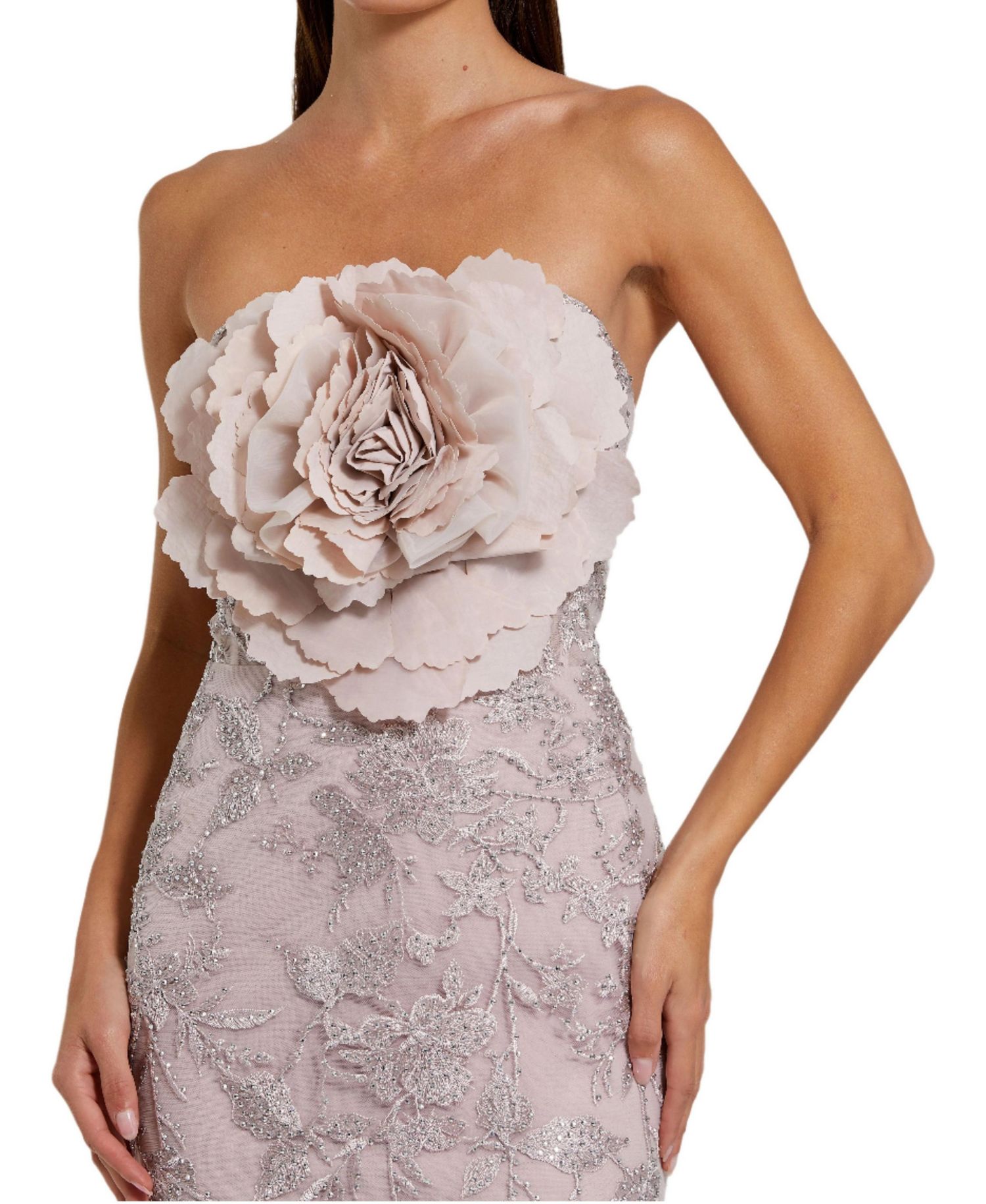 Women's Strapless Beaded Applique Mermaid Gown With Flower