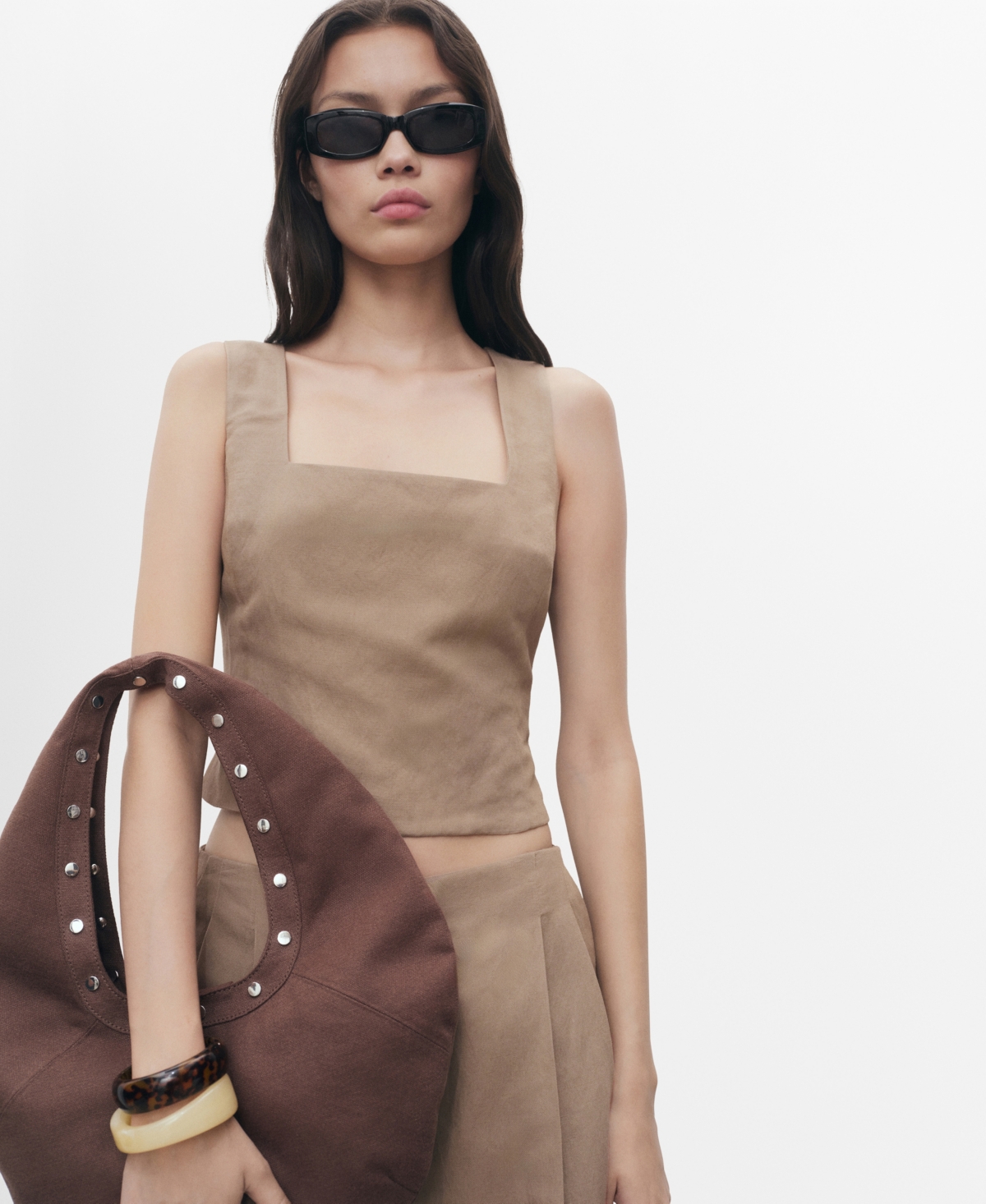 Mango Women's Linen-blend Cross-back Top In Brown