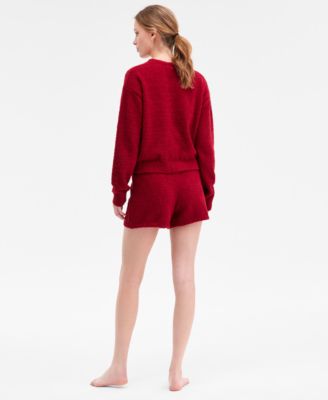 Calvin Klein Womens Cropped Plush Lounge Sweatshirt Plush Shorts In Red
