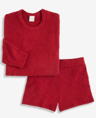 Calvin Klein Womens Cropped Plush Lounge Sweatshirt Plush Shorts In Red
