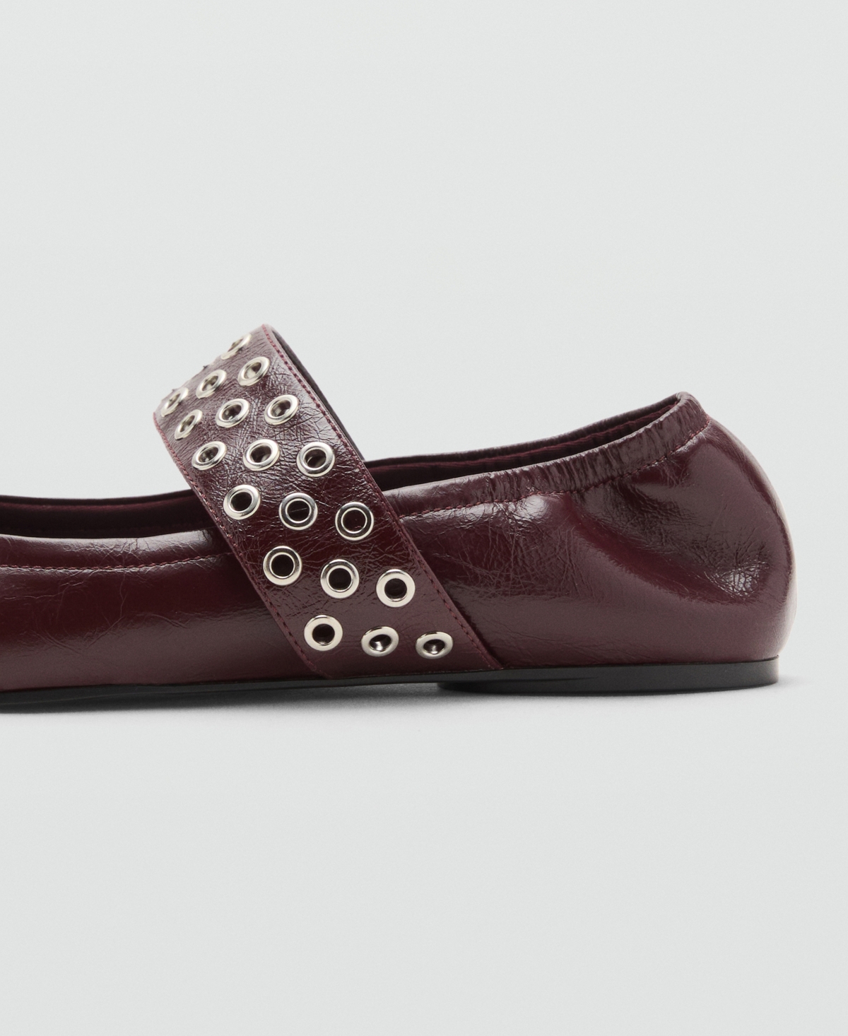 Mango Leather Grommet Strap Toe Detailing Flat Shoes In Burgundy