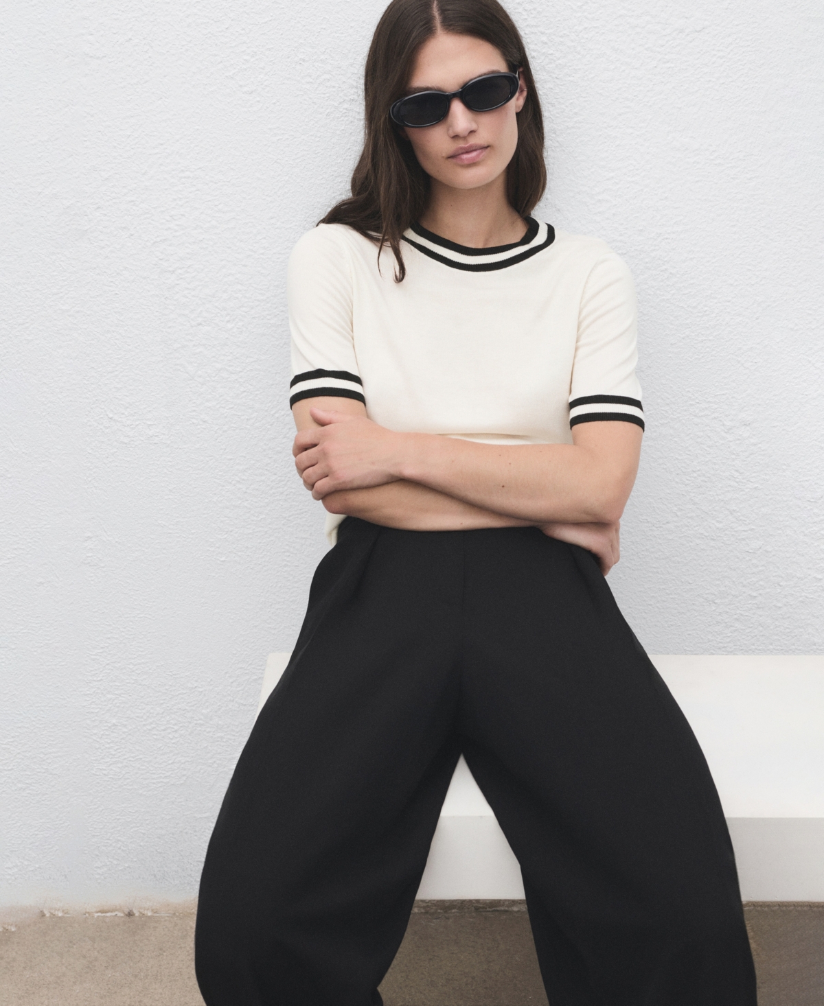 Mango Contrast Stripe Short Sleeve Sweater In White