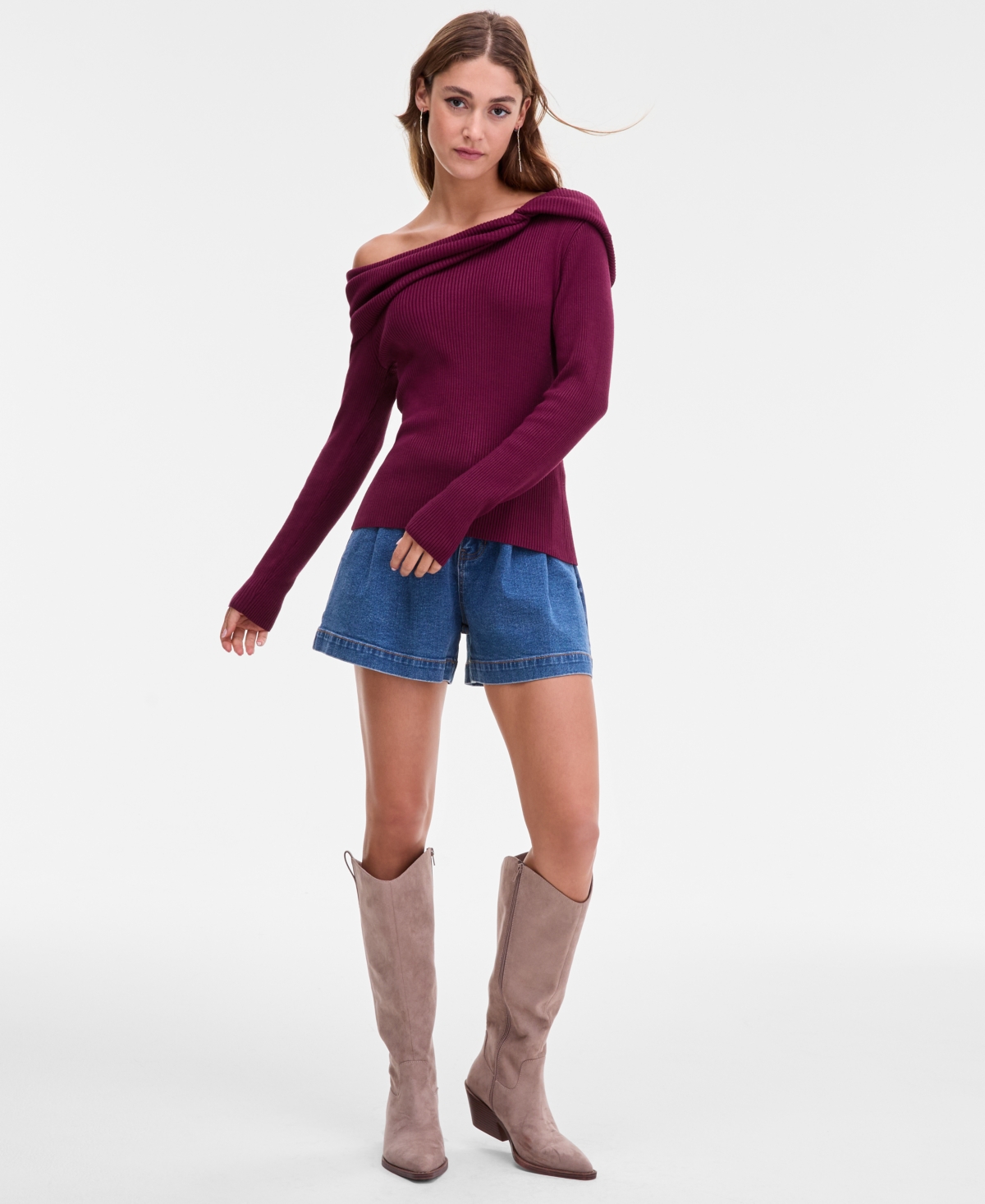 Bar Iii Women's Off-the-shoulder Ribbed Sweater, Macy's Exclusive In Burgundy