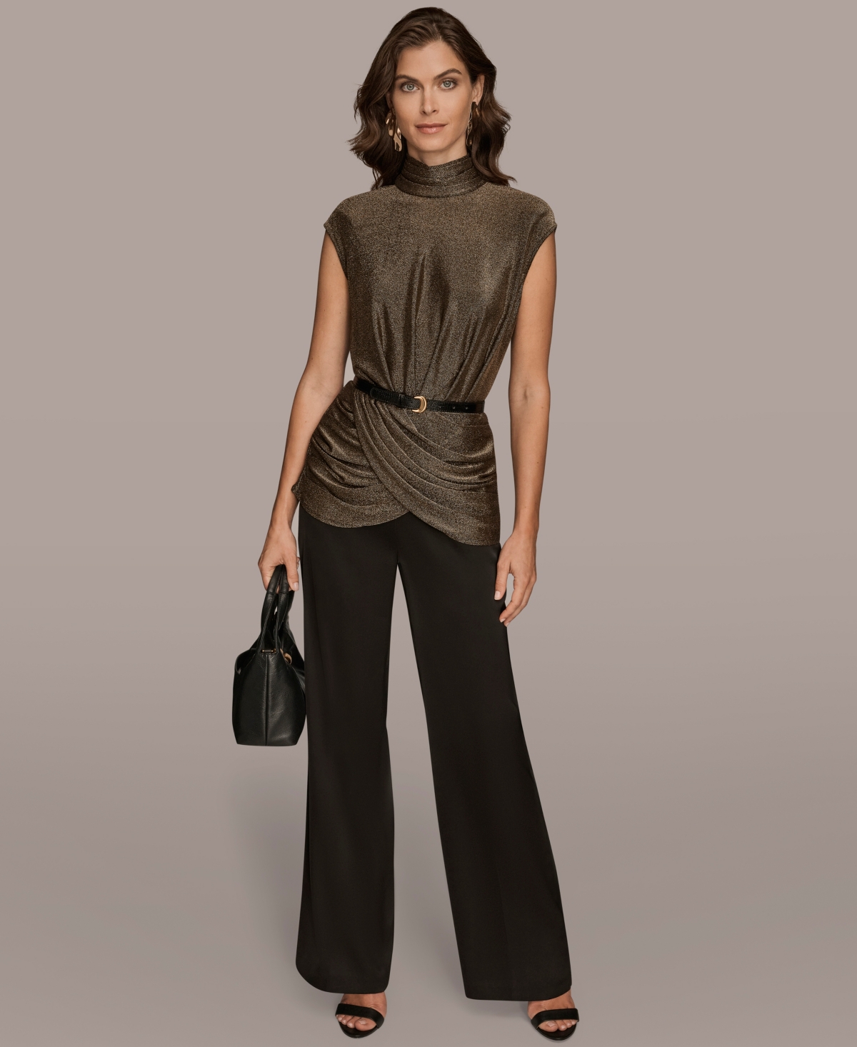 Donna Karan New York Ruched Metallic Belted Mock Neck Top In Gray