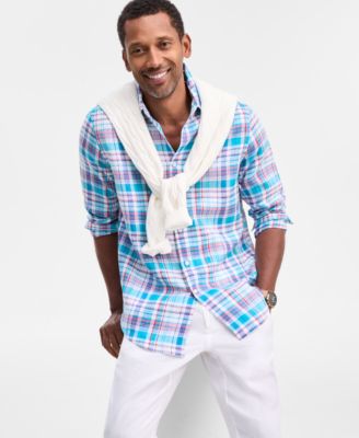 Men's Fox Plaid Long-Sleeve Button-Up Linen Shirt, Macy's Exclusive