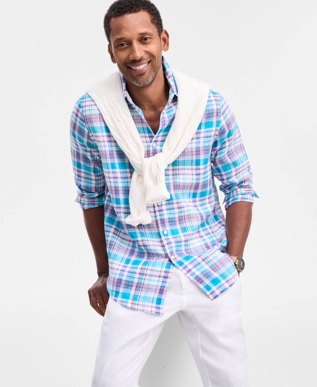 Club Room Men's Fox Plaid Long-Sleeve Button-Up Linen Shirt, Macy's Exclusive