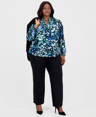 Plus Size Split-Neck Abstract-Print Top