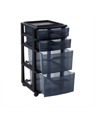 Tall Solid Plastic 4 Drawer Medium Storage Cart with Caster Wheels, Black