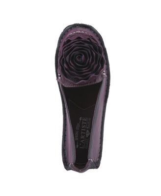 Dezi Hand-Painted Leather, Ombre Finish, Flower Accent, Cushioned Insole, Rubber Outsole – Round Toe Artisan Slip-On Flats