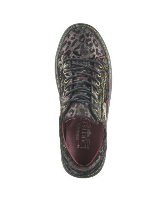 L Artiste Women s DANLI-CHEETA Hand Painted Leather Platform Sneakers with Metallic Floral Accents and Removable Insole