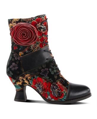 L Artiste Women s ROSELIA Lace-Up Floral Tapestry Boots with Sculpted Heel and Inside Zipper