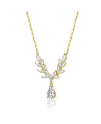 Sterling Silver 14K Gold Plated with Clear Cubic Zirconia Leaf Design Drop Necklace