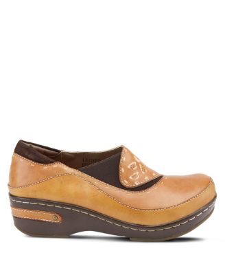L Artiste Women s BURBANK Hand-Painted Leather Clogs with Floral Embossing and Elastic Insets