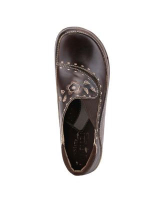 L Artiste Women s BURBANK Hand-Painted Leather Clogs with Floral Embossing and Elastic Insets