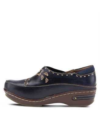 L Artiste Women s BURBANK Hand-Painted Leather Clogs with Floral Embossing and Elastic Insets