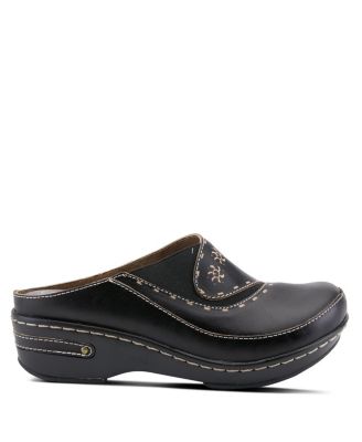 L Artiste Women s CHINO Hand-Painted Open-Back Leather Clog with Embossed Details and Elastic Inset