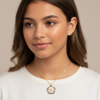 14K Gold Plated with Clear Cubic Zirconia & Black Enamel Flower Design Drop Pendant Necklace