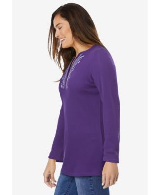 Women's Plus Size Embroidered Thermal Henley Tee