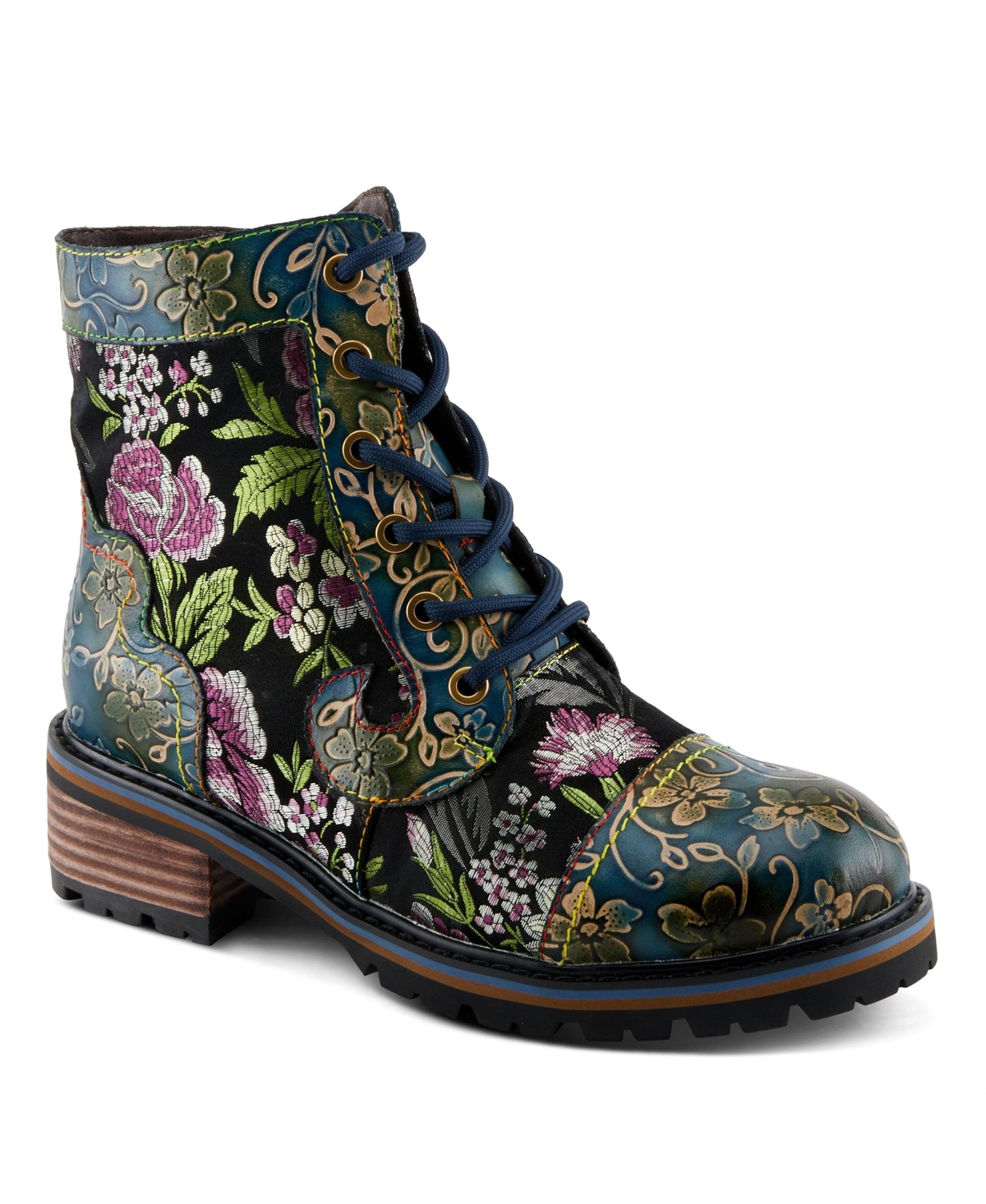 L'Artiste Women's Fantastic Leather Booties with Embroidered Textile, Embossed Floral Leather, Inside Zipper, and Lug Sole – Artisan Comfort An