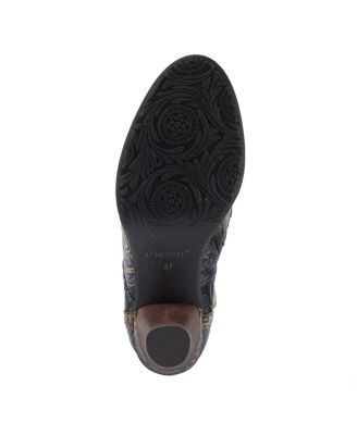 Women's Avyanna Velvet and Leather Ankle Boots with Embossed Floral Design, Cap Toe, Dual Zippers, and Low Heel