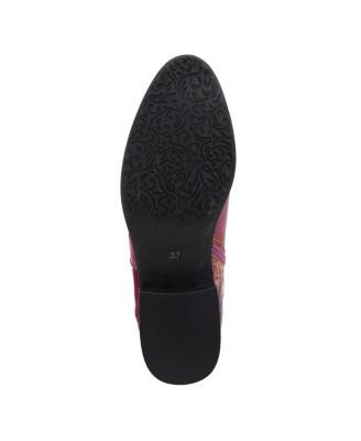 Women's Tiatia Hand-Painted Leather Ankle Boots with Asymmetrical Buckle Strap, Embossed and Suede Panels, Block Heel, and Side Zipper