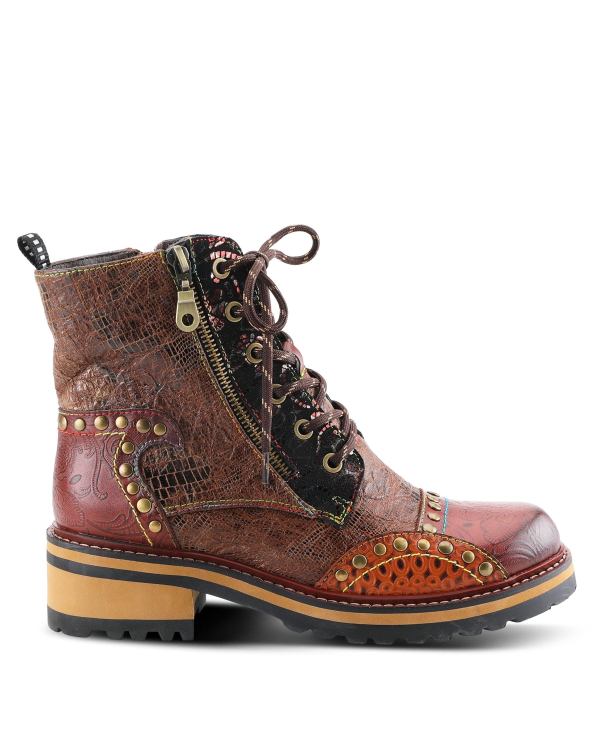 L'Artiste Women's Rugup Hand-Painted Leather Booties with Mixed Textures, Decorative Studs, Lace-Up and Zipper Closure, Faux Fur Lining, Lug Sole