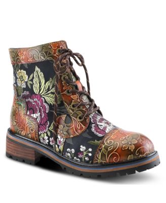 Women's Fantastic Leather Booties with Embroidered Textile, Embossed Floral Leather,  and Lug Sole – Comfort Ankle Boots for Fall Style
