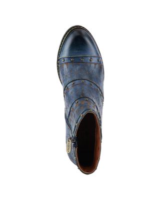 Women's Niobe Leather Ankle Boots – Burnished, Gold Studs, Etched Design, Inside Zip & Rainbow Stitching