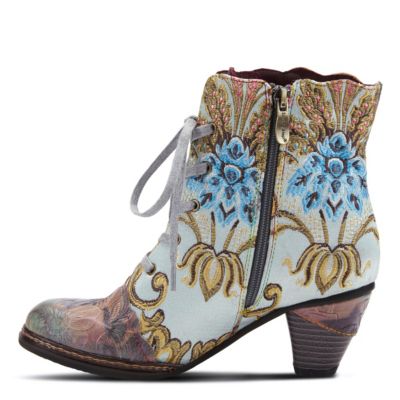 L’Artiste Women’s SIREN Embroidered Floral Lace-Up Booties with Embossed Leather, Scalloped Trim & Cone Heel